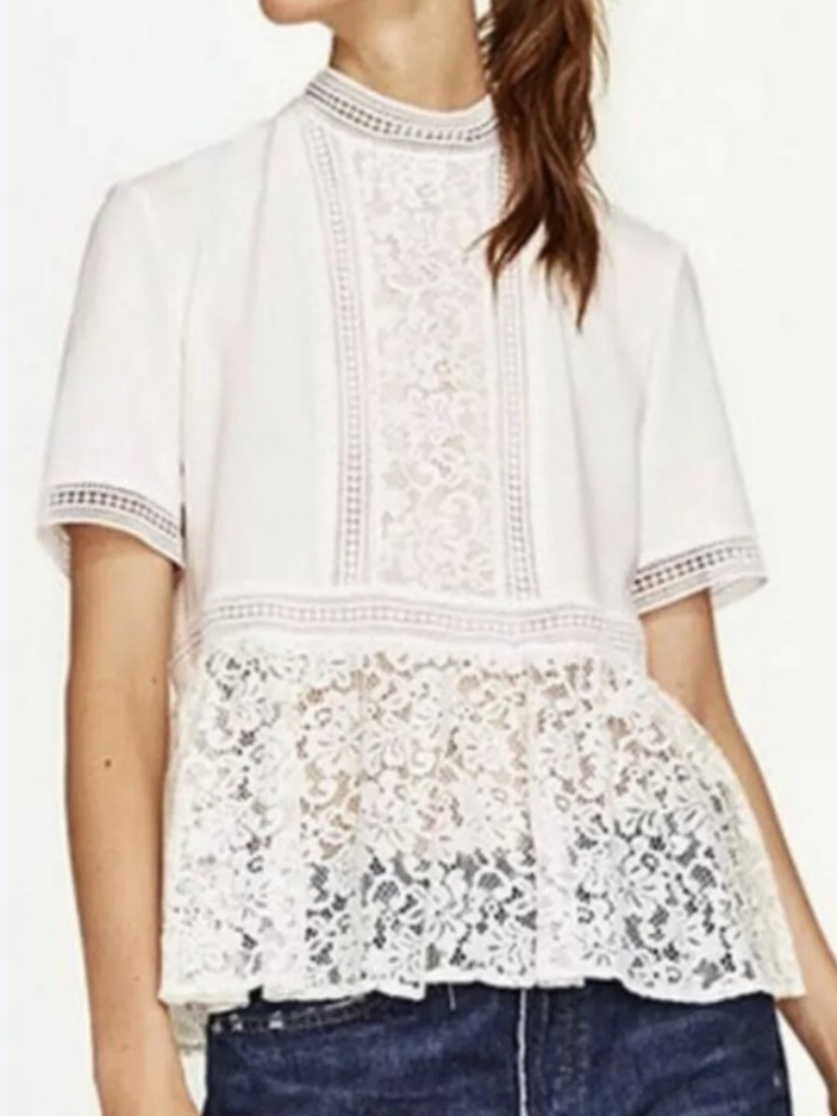 Cottagecore Coquette Lace Panel Peplum High Neck Short Sleeve Blouse Med